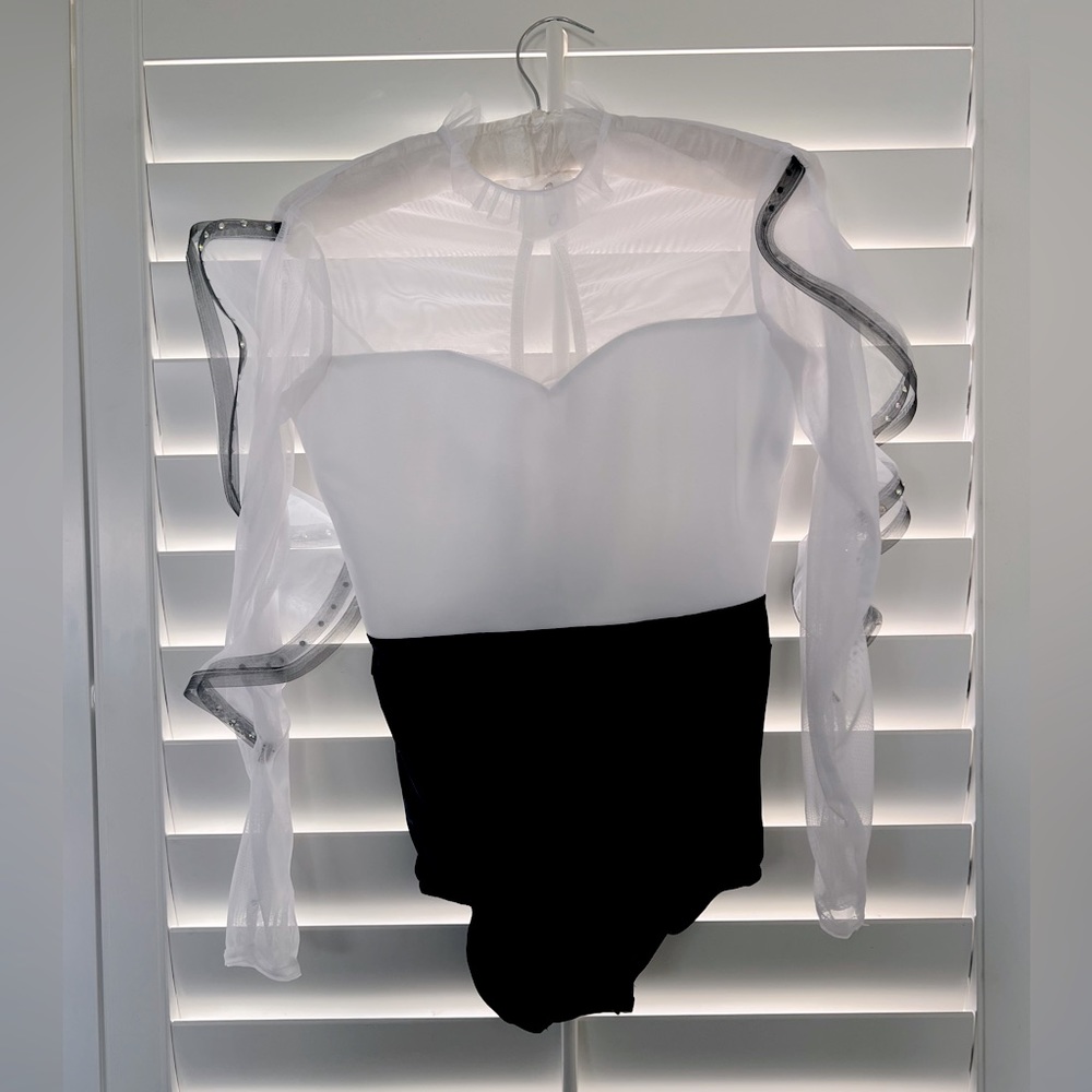 Women’s Black and White Mesh Ruffle Long-Sleeve Bodysuit